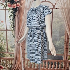 Vintage 1960’s Dress White Blue Green Print Bow Belt Retro Short Sleeve