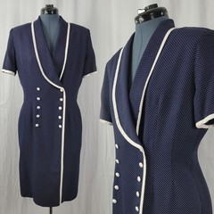 Vintage Studio 1 Navy Blue Polka Dot Double Breasted Dress w White Trim Size 14