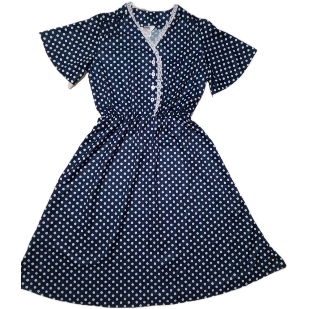 Vintage MW 60s Women’s Sz16 Navy Blue Polkadot Midi Dress PinUp/Rockabilly Retro