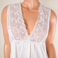 💖 VTG GILEAD Ivory Nylon Chiffon & Lace Peignoir Set Nightgown & Robe 32 USA