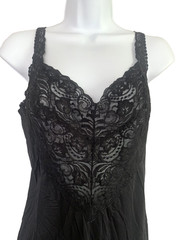 Vtg 70s Vanity Fair Slip Dress Black Nylon Lace Back Slit Lingerie Size 36/ 28″