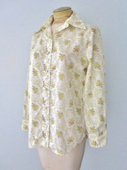 Vtg 60s Yellow Floral Cotton Button Cottage Core Blouse Top Dagger Collar M/L