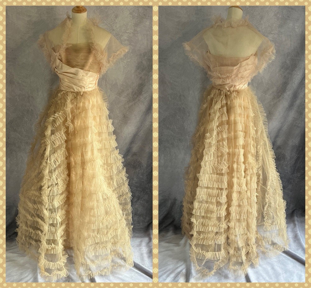 Vintage 1950’s Tulle Layered Cupcake Formal Full Length Dress Peach Beige Sz S