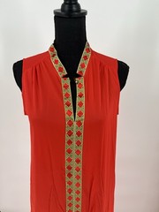 Vtg 1970s Red Orange Nightgown Gold Trim 70s Lorraine Nylon Lingerie Mod Boho