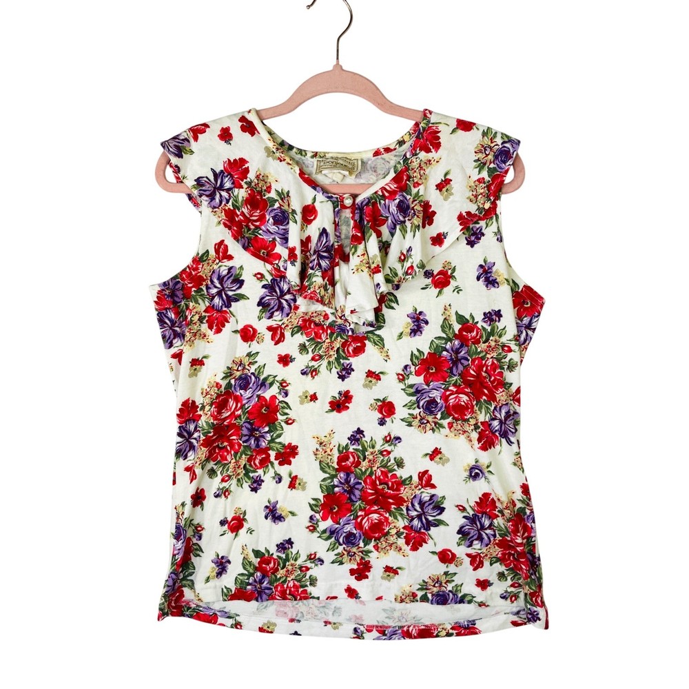 Vintage Bonjour Floral Ruffle Collar Sleeveless Top Red Purple Cream Cottagecore