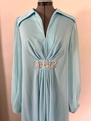 VTG JC Penney Fashions Sz L Aqua Blue Evening Maxi Dress Sheer Sleeve A Line