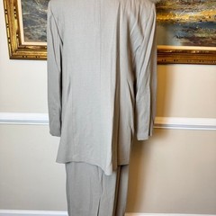 Vintage Longline Skirt Suit Taupe Greige Gold Crest Buttons 2 Piece Set L/XL