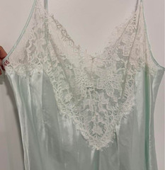 Vintage Silver Tag OLGA Silky SATIN & Lace Seafoam Nightgown, Sz. L, EXC; Rare!