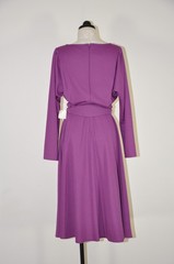 70s Vintage Purple Wool Knit Jersey Puff Sleeve Belt Full Skirt Dress Women M L