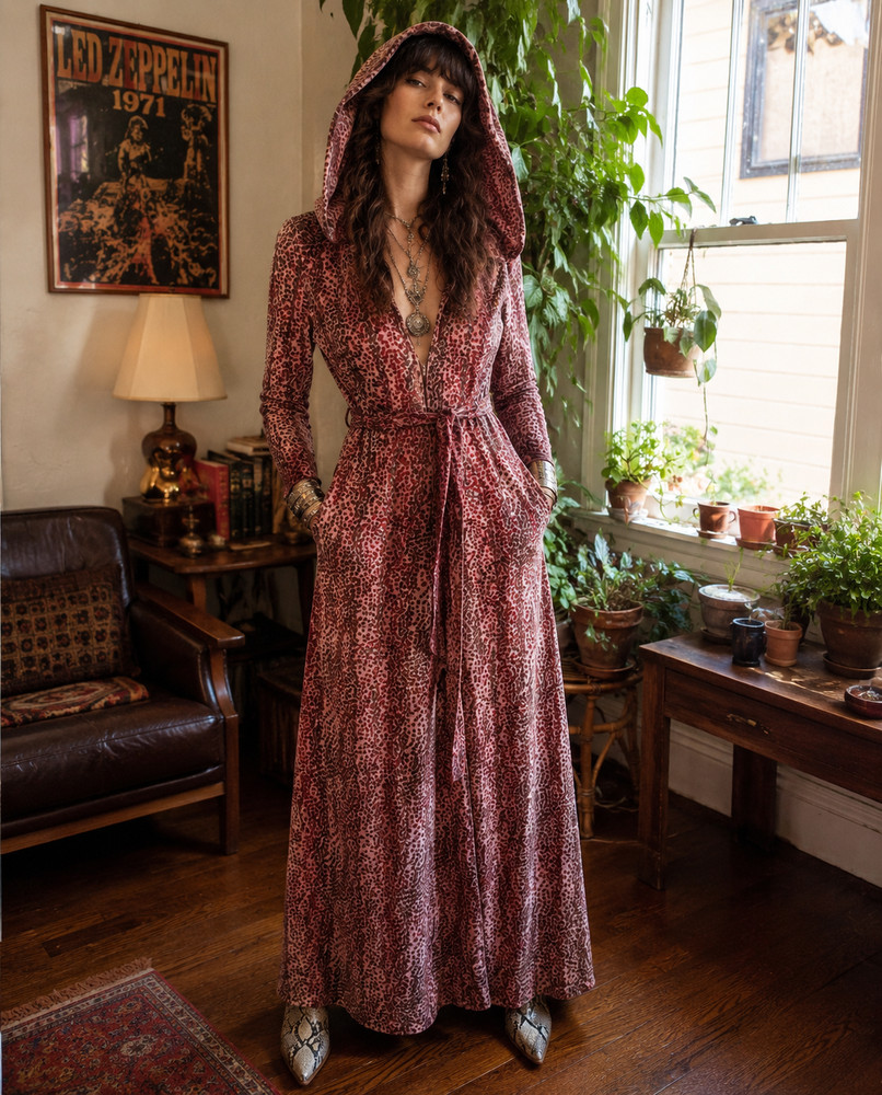 Vintage 1970s Velour Hooded Maxi Dress Witchy Disco Goddess by Carlye