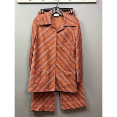 Vintage 70s Pant Suit Women S Orange Brown Plaid Knit Jacket Trousers Set Retro