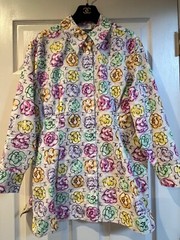 CHANEL BOUTIQUE 98S ECRU BLOUSE DRESS TOP MULTICOLOR CAMELLIAS CC LOGO FR42-40