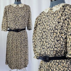 Vtg Breli Originals Blue & Cream Floral Blouson Dress w Lace Collar Size 12