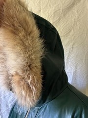 Jacqueline Ferrar Forest Green Leather Parka Coat Women’s Large Coyote Fur Hood