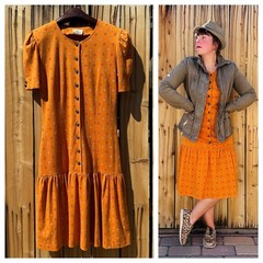 PRICE FIRM Vintage Dress 80s 90s DB Sport Orange Drop Waist Pleated Casual