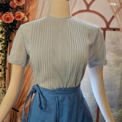 Vintage 1950s Baby Blue Pleated Front Blouse Short Sleeve Button Back Top Shirt