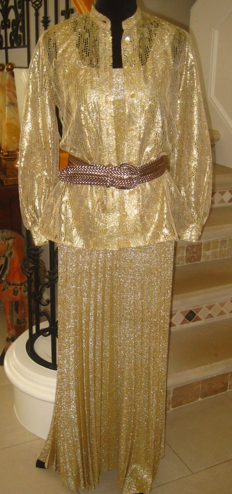 Vintage Teddi Ca 3pcs gold metallic lace accordion pleat blouse tank skirt set 8