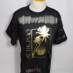Vintage 1980s Shredded Fringe ST THOMAS 1987 Single Stitch Black T Shirt Size XL