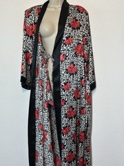 Vintage 80s Black Red Shiny Satin Floral Robe Long M/L Asian Inspired