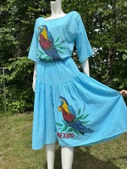 Vintage GAUZE GAUCHO SET Mexico Mexican Parrots Blouse Top Set Shorts 1980s