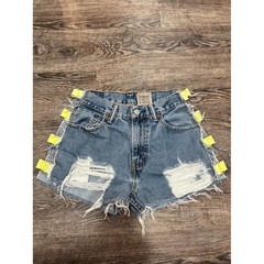 Furst of a Kind Upcycled Distressed High-Rise Denim Shorts with Neon Yellow Tabs