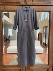 40s-50s GREY STRIPED SEERSUCKER FITTED DAY DRESS W LUCITE GOLD FLECK BUTTON M- L