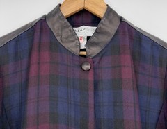 Ted Lapidus Couture Women’s Coat Navy Burgundy Plaid Leather Trim FR 42