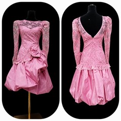 VTG 80s Blush Pink Taffeta Lace Prom Party Dress Long Sleeve Bow Bubble Hem