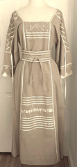 Vtg JOSEFA 70s Kaftan Cotton Embroidered Maxi Dress Beige Ivory Ribbons Belt M/L