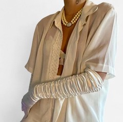 Cream vintage shimmer blouse with lace trim and pearl buttons glam L
