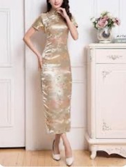 Vintage 50s Asian Silk Brocade Cheongsam Dress Floral Champagne Bodycon, S or M