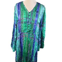 Vintage Anne Crimmins UMI 100% Silk Midi Dress Green Blue Bell Sleeve Size 8