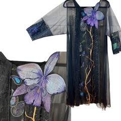 VTG Lee Andersen Wearable Art Sheer Mesh Tunic Dress Orchid Embroidery Lace OSFM