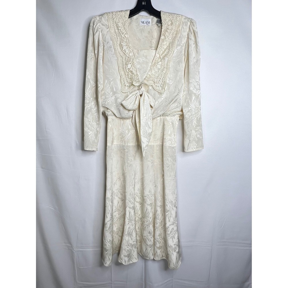 Vintage Nilani Cream Jacquard Tea Dress 8 Lace Collar Bow 80s Wedding Cottage