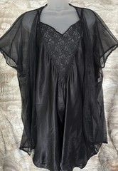 Vintage Peignoir Set Black Shiny Satin Nylon & Lace Sheer Overlay Robe 14/16
