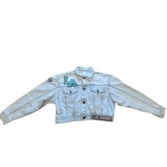 VTG! :LA Gear” Lt Wash Denim Jacket Chenille Patch Cropped Womens SZ S 90s RARE!