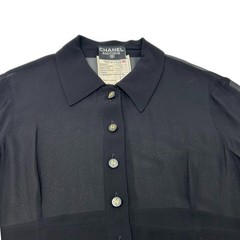 CHANEL Vintage 94A CC Logo See-through One-piece #38 Black Gold Wool Button