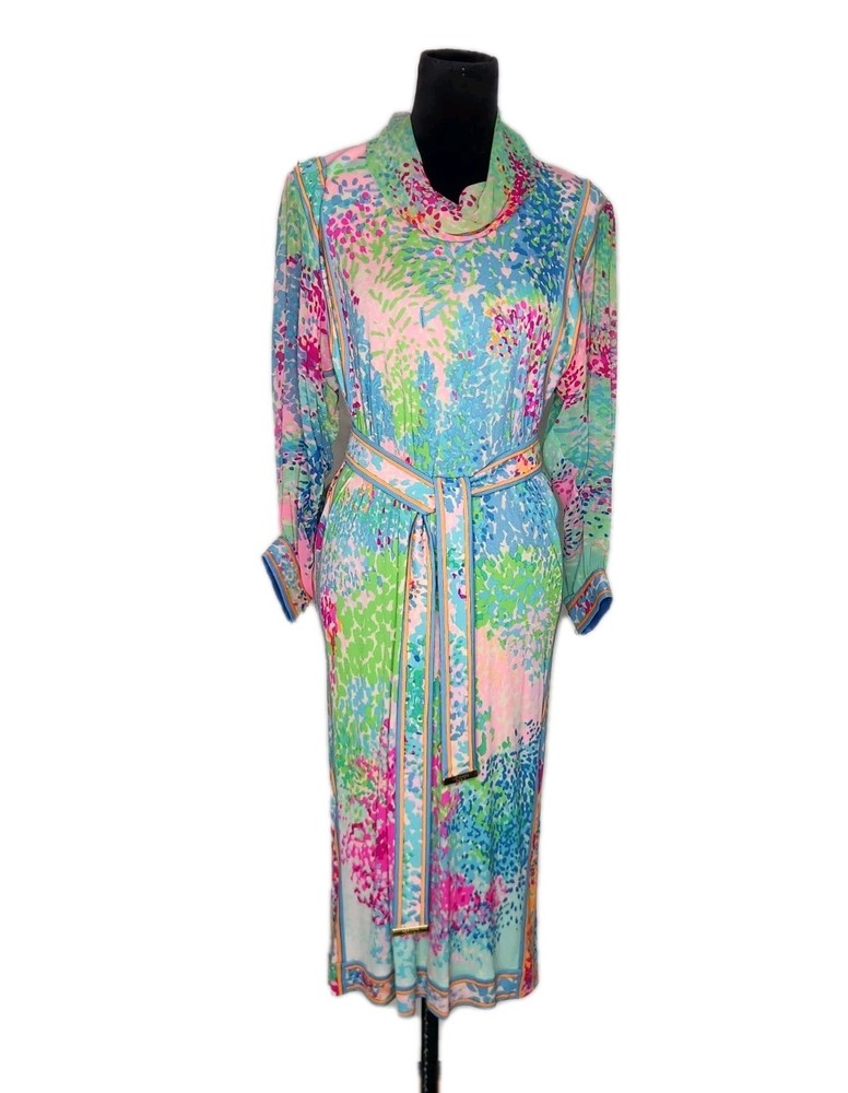 Leonard Paris Vintage 80s Multicolor Silk Shift Belted Midi Dress No Size Tag