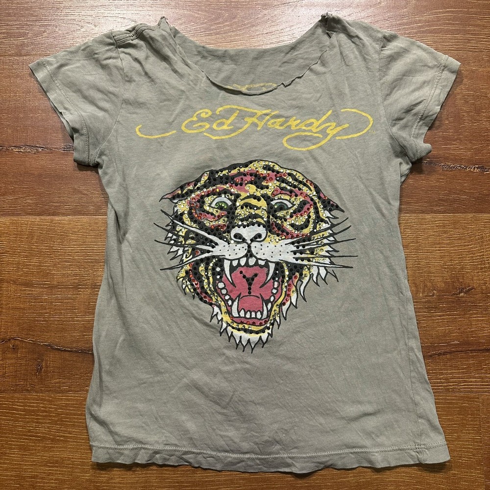Vintage Ed Hardy Christian Audigier T Shirt S Gray Tiger Baby Tee VTG Y2K City