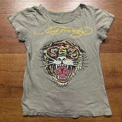 Vintage Ed Hardy Christian Audigier T Shirt S Gray Tiger Baby Tee VTG Y2K City