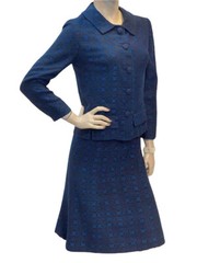 S Vtg 60s 2 Pc MCM Set Skirt Jacket Woven Tapestry Blue Brown Dress Suit Outfit