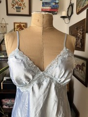 Vintage Chemise Nightgown Dress Pale Blue Satin Feel Lace V Neck Small/Medium