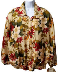 Vintage SILK Bomber Jacket L Coat Floral Red Ivory POCKETS Coastal Grandma 90s