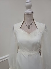 VTG’70s JCPENNEY Off White Organza/Prairie Pioneer Wedding Dress/Long Sleeve