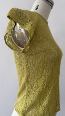 50s Chartreuse Sheer Floral Lace Flutter Cap Sleeve Top Keyhole Bateau Neck XS/S