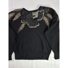 Donagain Vintage Sz L 80s Black Beaded Leather Applique Ramie Cotton Sweater
