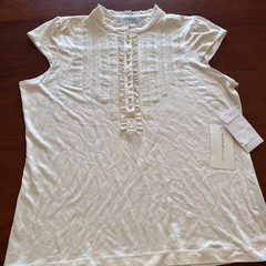 Vintage 90s Emanuel Ungaro White Silk Knit Lace Blouse Size XL Pearl Buttons NWT