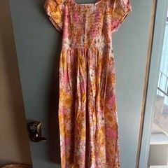 Kachel Floral Cotton Midi Dress Smocked Puff Sleeve Open Back Size M boho 70s