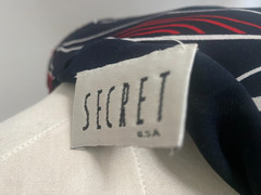 VTG Secret Navy Red Swirl Sheer Blouse – Bell Frill Ruffle Sleeve – L – USA