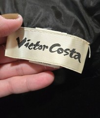 Vintage 1980s Victor Costa Black Velvet Dress with Mink Puff Sleeves, Size 6?